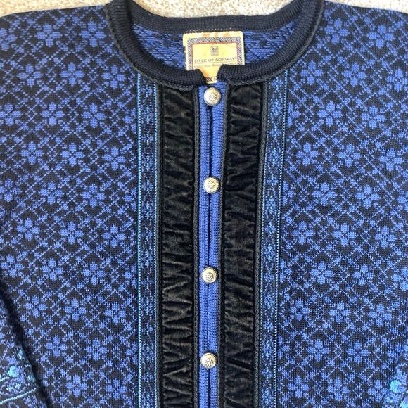 Dale of Norway Pure Wool Cardigan Sweater M Norwegian Blue Black Velvet Trim - Picture 1 of 13